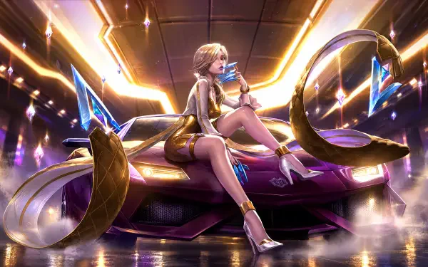 K/DA Evelynn lounges on a futuristic purple sports car in a glowing sci-fi scene, 4K Ultra HD PC desktop wallpaper.
