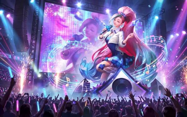 Seraphine from K/DA and League of Legends performs on a vibrant anime concert stage, 5K Ultra HD PC desktop wallpaper and background.