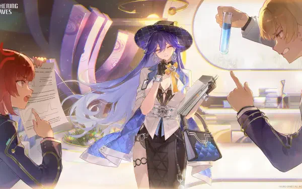 Lucilla from Wuthering Waves, a purple-haired anime girl in a wide-brimmed hat, featured in a 4K Ultra HD PC desktop wallpaper.