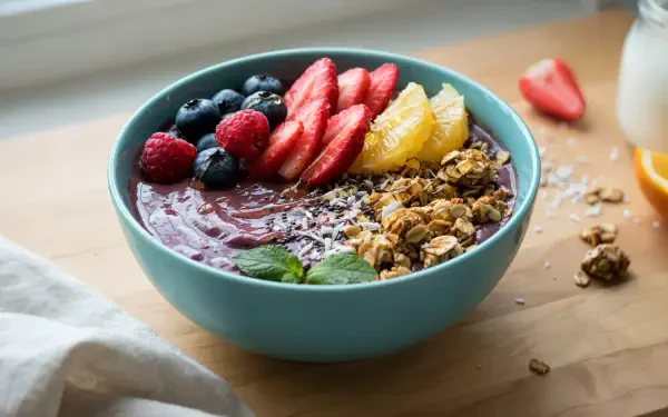 4K Ultra HD desktop wallpaper of an acai smoothie bowl topped with granola, blueberries, strawberries, and banana.