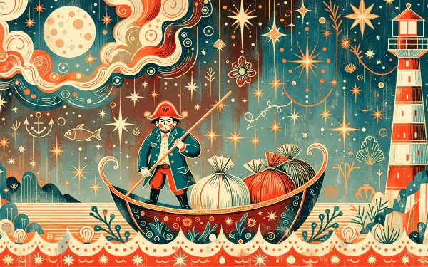 Whimsical smuggler sailing a decorated boat past a lighthouse beneath a starry sky, 4K Ultra HD desktop wallpaper background.
