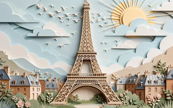 Whimsical Eiffel Tower in Paris with pastel rooftops and a sunlit sky, 4K Ultra HD PC desktop wallpaper and background.