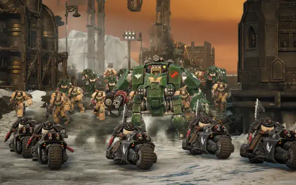Warhammer 40,000: Dawn of War IV HD PC wallpaper showing green-armored Space Marines advancing on bikes through a smoke-filled industrial battlefield.