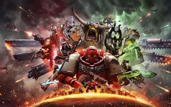 Warhammer 40,000: Dawn of War IV battle scene with a red-armored Space Marine, 5K Ultra HD PC desktop wallpaper and background.