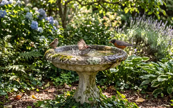 Birds bathing at a stone birdbath in a lush garden, 5K Ultra HD PC desktop wallpaper background.