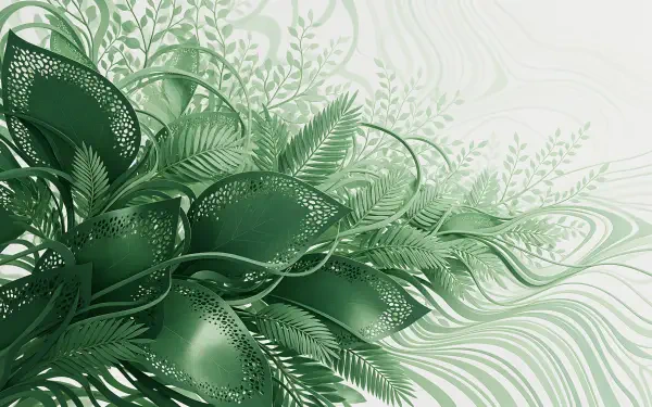 Green fern foliage and layered leaves over a pale botanical pattern, 4K Ultra HD PC desktop wallpaper and background.