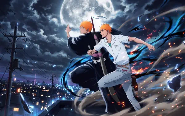 5K Ultra HD Bleach: Thousand-Year Blood War desktop wallpaper of Ichigo Kurosaki beneath a full moon over a glowing city.