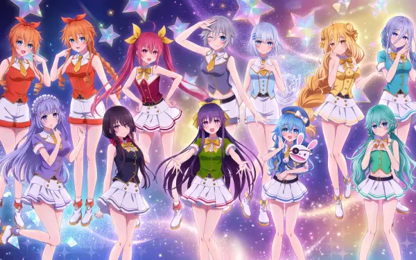 Date A Live anime girls in colorful idol outfits against a sparkling backdrop, 5K Ultra HD PC desktop wallpaper and background.