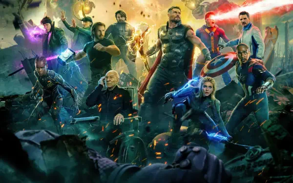 Avengers: Doomsday heroes unite in an explosive battle scene, featured in a 4K Ultra HD PC desktop wallpaper and background.