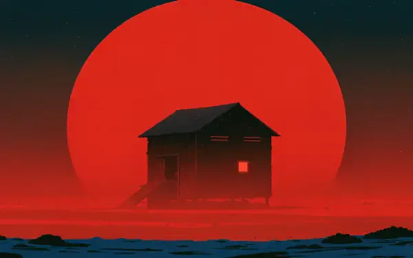 Silhouette of a chicken coop house beneath a giant red sun on a dramatic landscape, 4K Ultra HD desktop wallpaper.