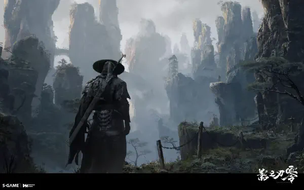 Phantom Blade Zero warrior overlooking misty mountain peaks, 5K Ultra HD PC desktop wallpaper and video game background.