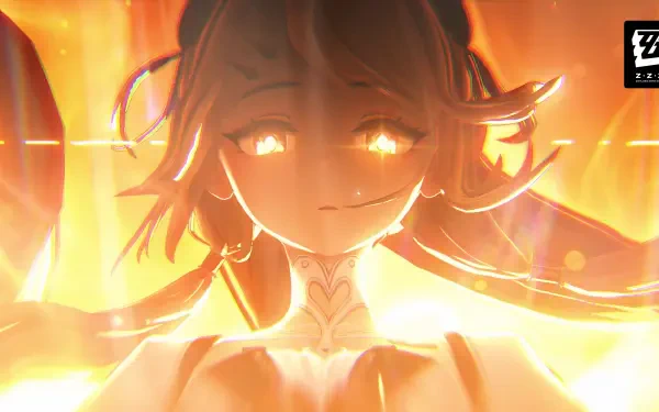 Phoenix from Zenless Zone Zero glows amid fiery golden light in this 4K Ultra HD anime girl PC desktop wallpaper and background.