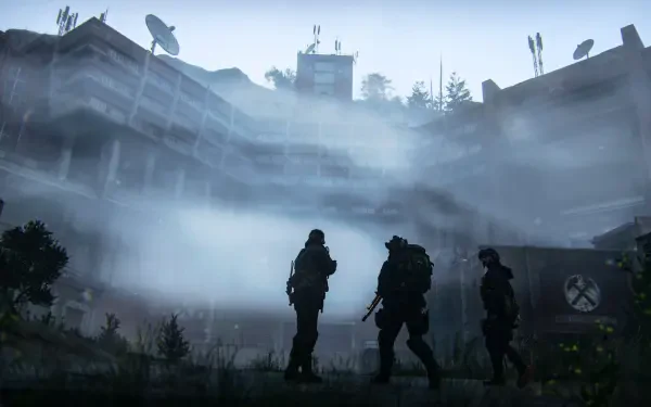 Call of Duty: Modern Warfare 4 soldiers emerge through fog in an industrial compound, 4K Ultra HD PC desktop wallpaper and background.
