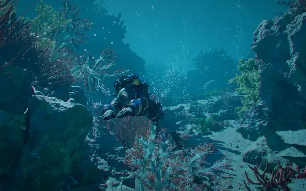Crimson Desert HD PC desktop wallpaper of a scuba diver exploring a vivid underwater coral reef.