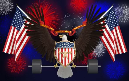 HD desktop wallpaper featuring a patriotic American eagle with wings spread, holding a shield and barbell, set against a background of American flags and fireworks.