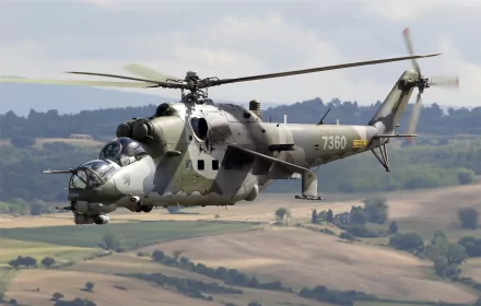 A Mil Mi-24 helicopter in flight, showcasing its military design against a backdrop of rolling hills, captured in stunning 4K Ultra HD detail.