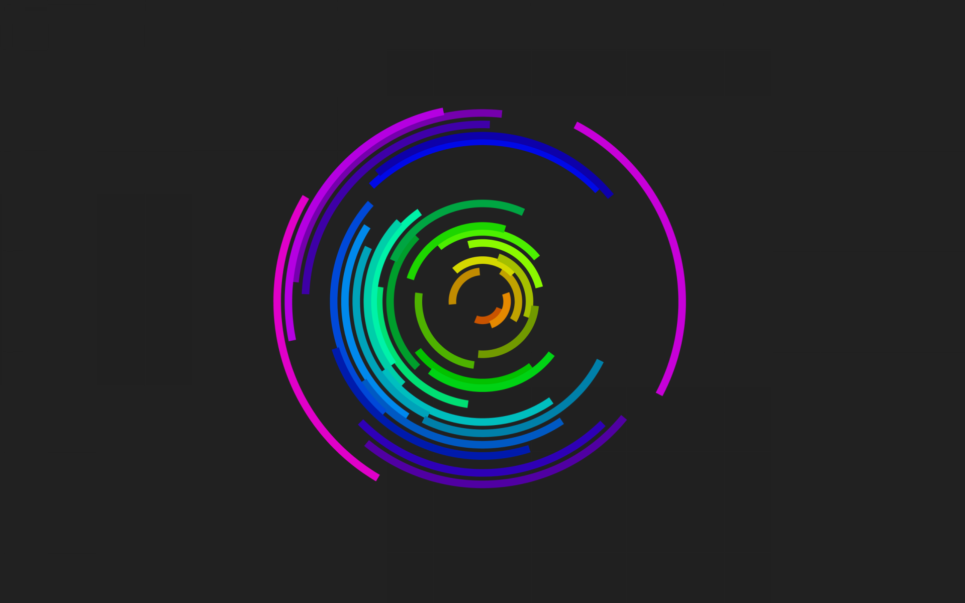 A minimalist HD desktop wallpaper featuring a vibrant, circular design with rainbow colors on a dark background, showcasing an artistic and sleek aesthetic.