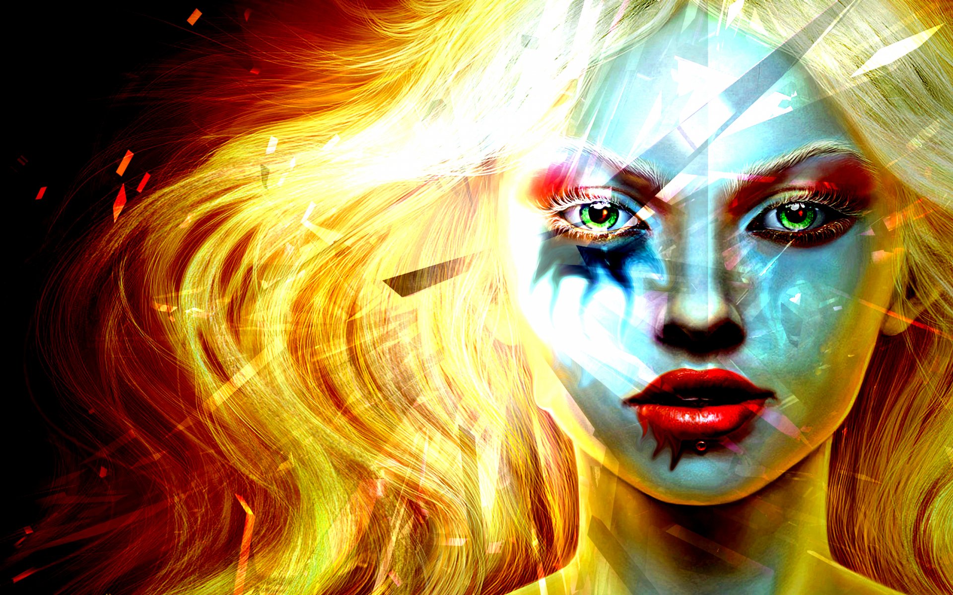 HD PC desktop wallpaper featuring a fantasy woman with striking face paint and flowing golden hair, blending vivid colors and light effects.