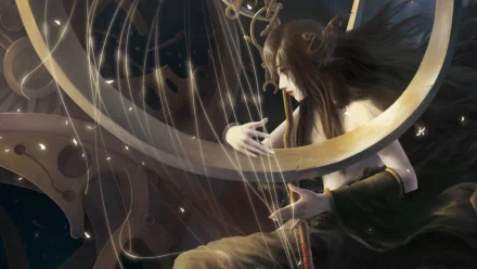 Fantasy-themed HD PC desktop wallpaper featuring a woman playing a stringed instrument surrounded by ethereal light and shadow.