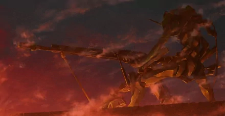 Evangelion Unit-01 stands poised in a dramatic sunset, showcasing vibrant colors and dynamic detail from the iconic anime Neon Genesis Evangelion. An impressive HD desktop wallpaper.