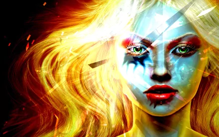 HD PC desktop wallpaper featuring a fantasy woman with striking face paint and flowing golden hair, blending vivid colors and light effects.