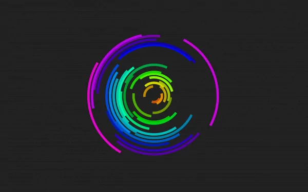 A minimalist HD desktop wallpaper featuring a vibrant, circular design with rainbow colors on a dark background, showcasing an artistic and sleek aesthetic.
