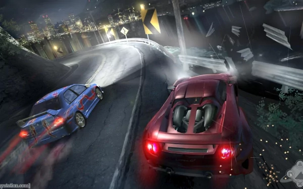 A dynamic HD wallpaper featuring cars racing through a dark, curvy road scene from Need for Speed: Carbon, highlighting intense speed and adrenaline in the iconic video game.