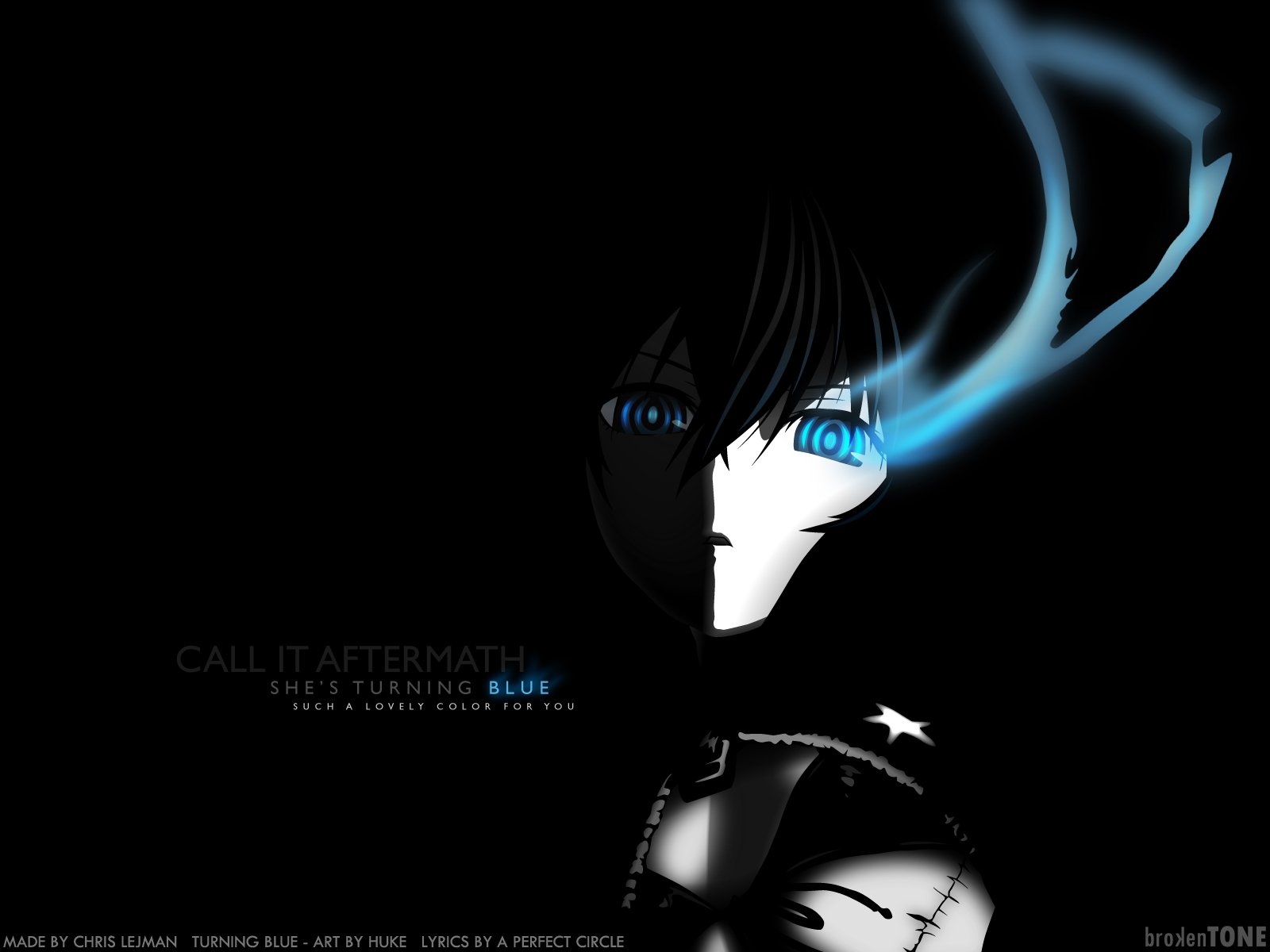 HD anime desktop wallpaper featuring Black Rock Shooter with glowing blue eyes and a blue flame against a dark background.