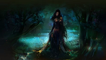 A high-definition fantasy wallpaper featuring a mysterious woman in a dark, enchanted forest, surrounded by glowing blue and green lights.