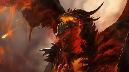 A dramatic HD image of a fierce dragon from World of Warcraft, surrounded by flames and darkness, serves as an immersive desktop wallpaper and background.