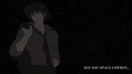 HD PC desktop wallpaper featuring an anime-style character from Cowboy Bebop set against a starry space background with the text SEE YOU SPACE COWBOY.