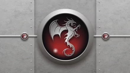HD PC desktop wallpaper featuring a sleek, stylized fantasy dragon emblem set against a metallic, industrial background with dark red accents.
