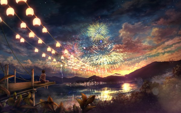 Anime Fireworks Festival Feu d'artifice Lanterne Coucher de Soleil Lac Colorful Réflection Fond d'écran HD | Image