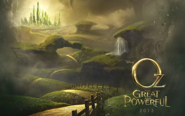 Fantasy landscape from the movie Oz the Great and Powerful, depicting a mystical green valley with a distant glowing city, featured as an HD PC desktop wallpaper.