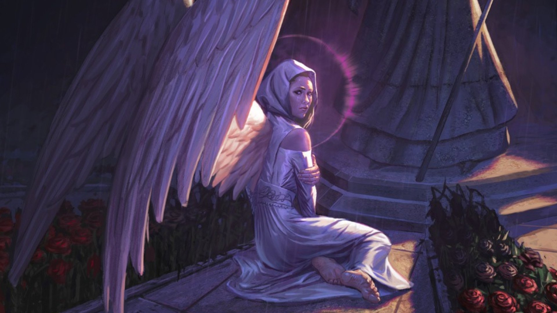 A mystical, angelic figure sits in a garden, adorned with wings, creating an enchanting atmosphere. This HD wallpaper captures the essence of Magic: The Gathering artistry.