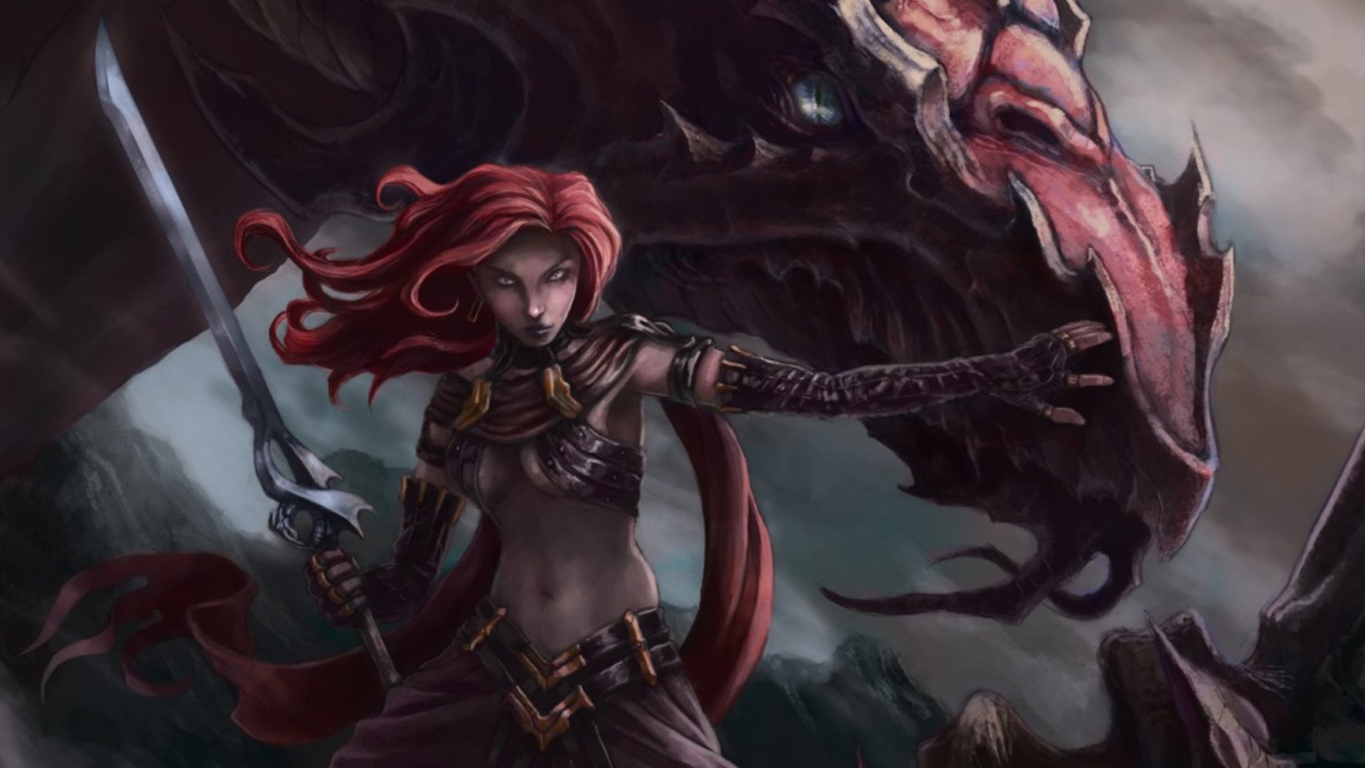 HD fantasy PC wallpaper featuring a fierce woman warrior with red hair and a sword, standing ready beside a looming dragon in a dark, dramatic scene.