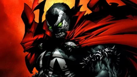 A striking HD desktop wallpaper featuring Spawn, the iconic comic character, with glowing green eyes and a dramatic red cape against a fiery background.