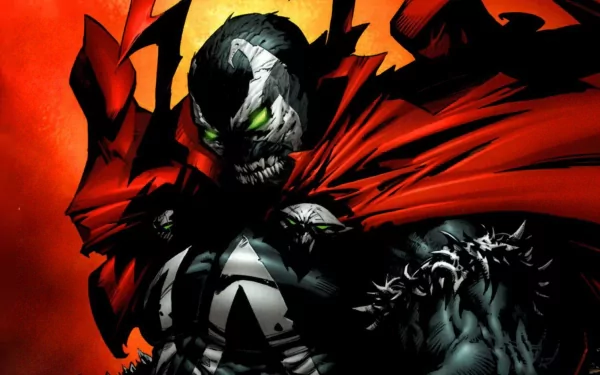 A striking HD desktop wallpaper featuring Spawn, the iconic comic character, with glowing green eyes and a dramatic red cape against a fiery background.