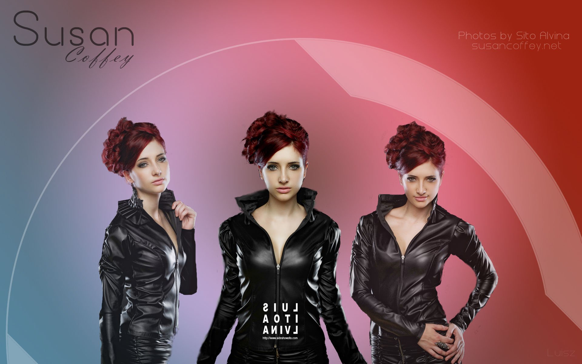 HD PC desktop wallpaper of a woman in a black leather jacket with dark red updo, shown in three poses against a circular red-to-blue gradient background.