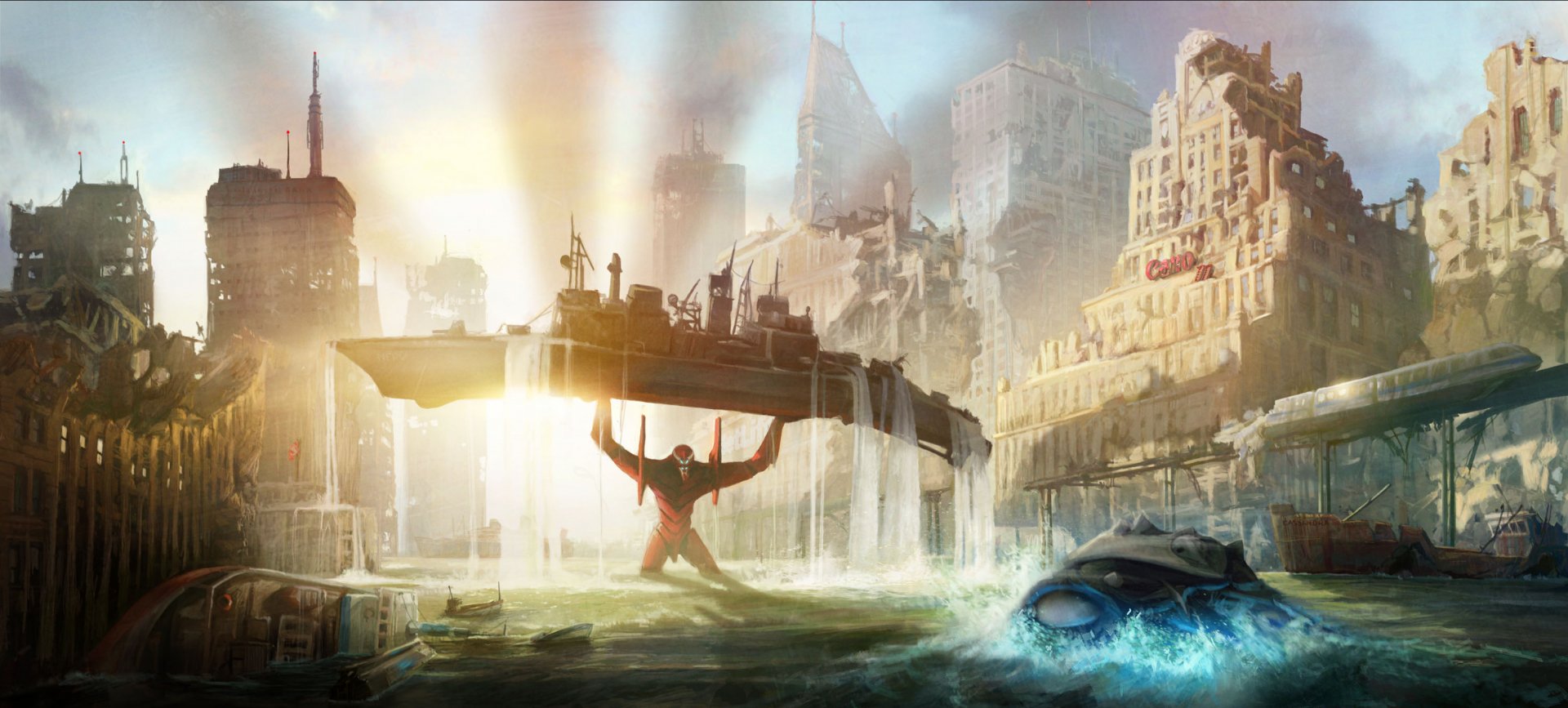 A dynamic HD wallpaper featuring Evangelion Unit-02, set against a stunning backdrop of a post-apocalyptic cityscape, evoking themes from Neon Genesis Evangelion.