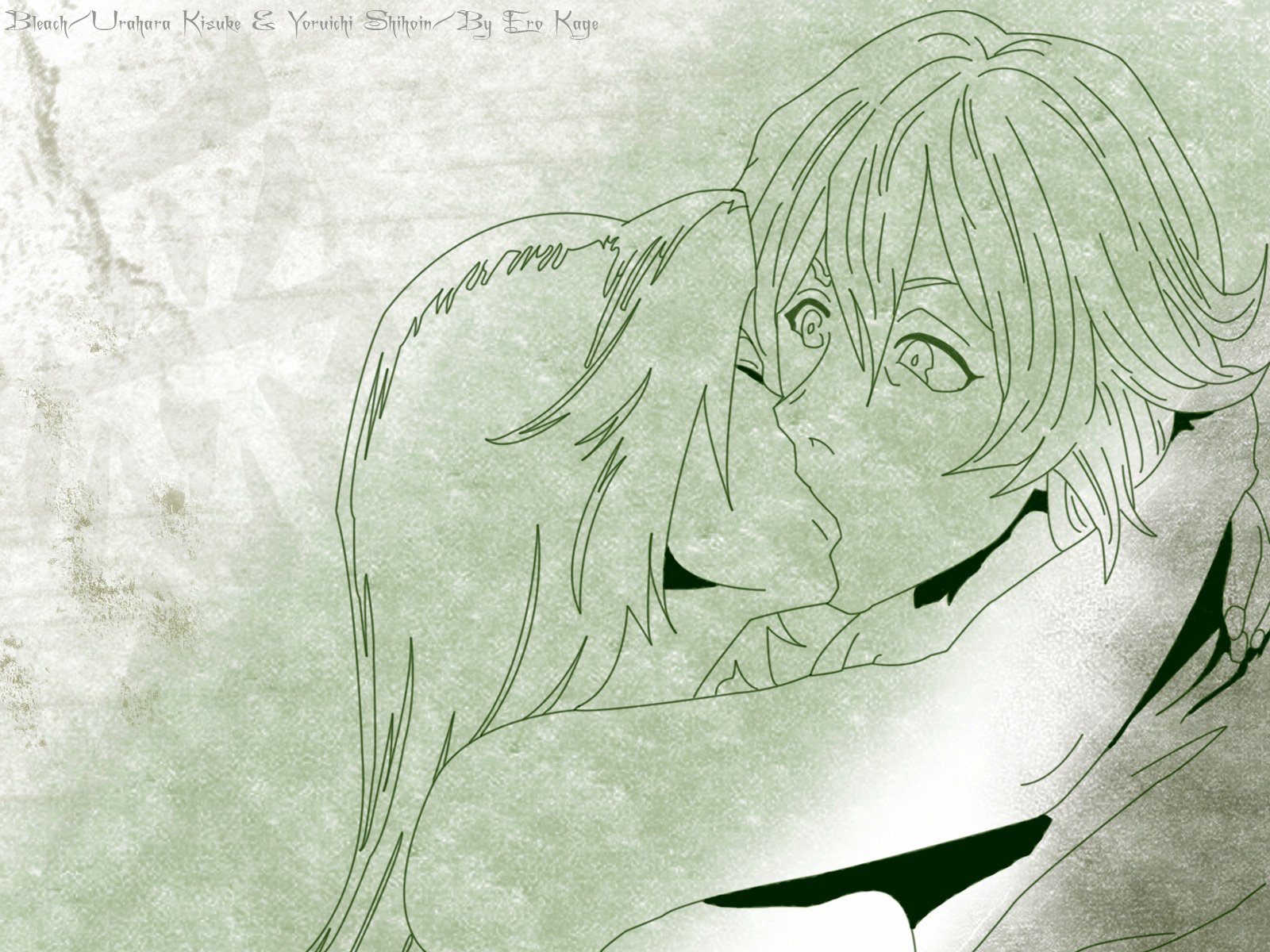 HD anime wallpaper featuring Kisuke Urahara and Yoruichi Shihôin from Bleach in an intimate, close-up embrace.