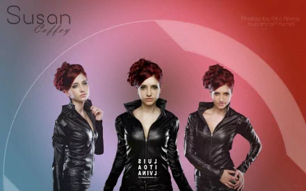 HD PC desktop wallpaper of a woman in a black leather jacket with dark red updo, shown in three poses against a circular red-to-blue gradient background.