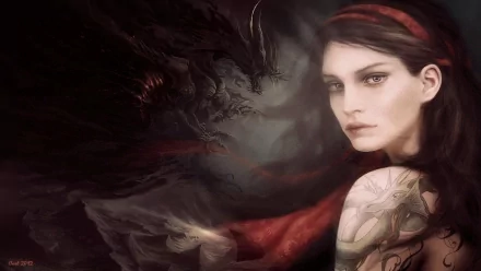 A woman in a striking red dress and headband gazes thoughtfully, set against a dark, smoky fantasy backdrop featuring a menacing dragon. The atmosphere is both eerie and captivating.
