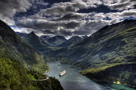 4K Ultra HD landscape photography of a dramatic fjord with steep mountains, a cloudy sky, and a cruise ship sailing through the calm water, captured in vivid detail.
