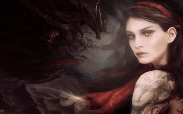 A woman in a striking red dress and headband gazes thoughtfully, set against a dark, smoky fantasy backdrop featuring a menacing dragon. The atmosphere is both eerie and captivating.