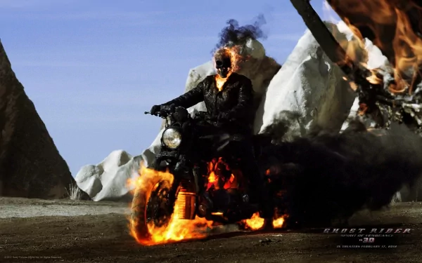 HD wallpaper featuring Ghost Rider, with Johnny Blaze riding a flaming motorcycle against a dramatic backdrop, from the movie Ghost Rider: Spirit of Vengeance.