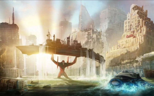 A dynamic HD wallpaper featuring Evangelion Unit-02, set against a stunning backdrop of a post-apocalyptic cityscape, evoking themes from Neon Genesis Evangelion.