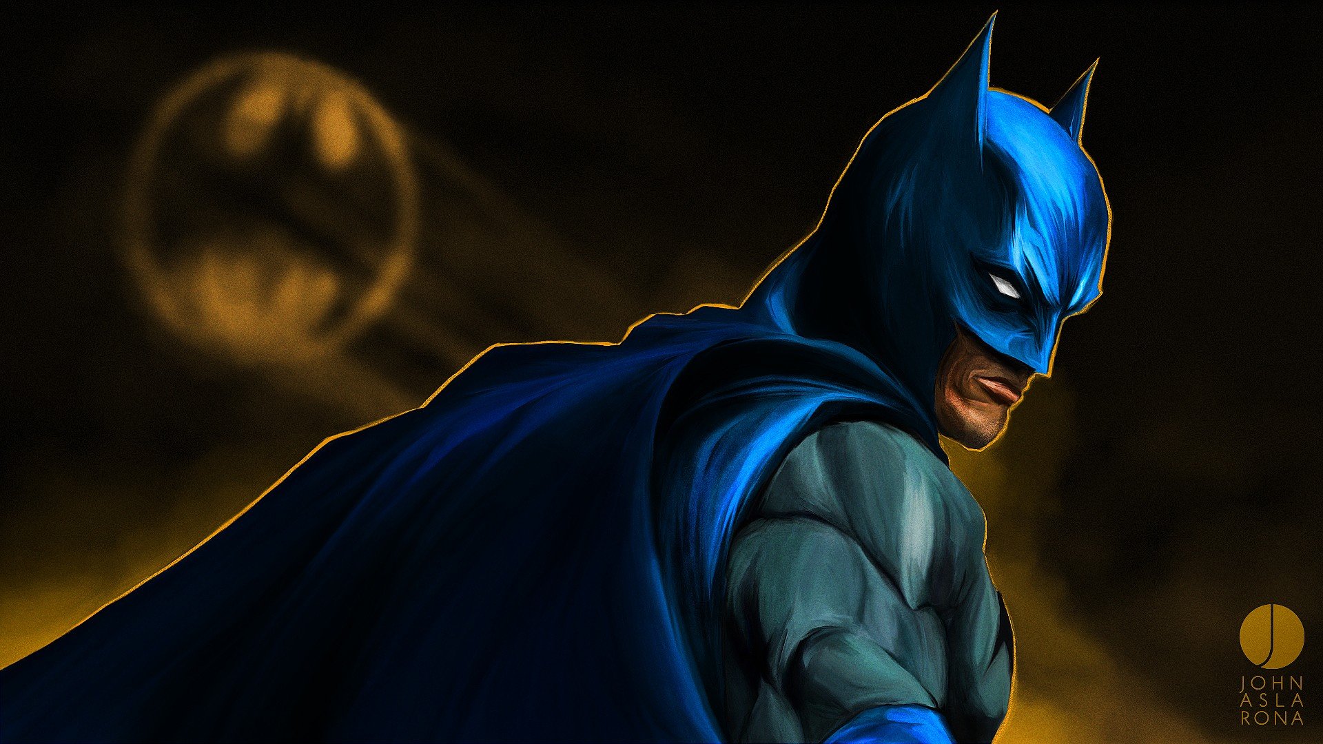 Comic-style Batman in a dramatic pose with the Bat-Signal glowing in a smoky night sky — HD PC desktop wallpaper background