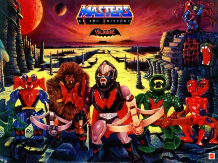 TV Show He-Man and the Masters of the Universe 2K Quad HD PC desktop wallpaper: iconic Masters cast posed on a rocky alien plain beneath a fiery sunset.