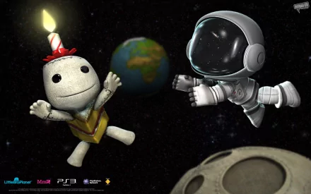 HD PC desktop wallpaper featuring cartoon characters from the video game LittleBigPlanet, depicting a playful astronaut and Sackboy floating in space near Earth and the moon.